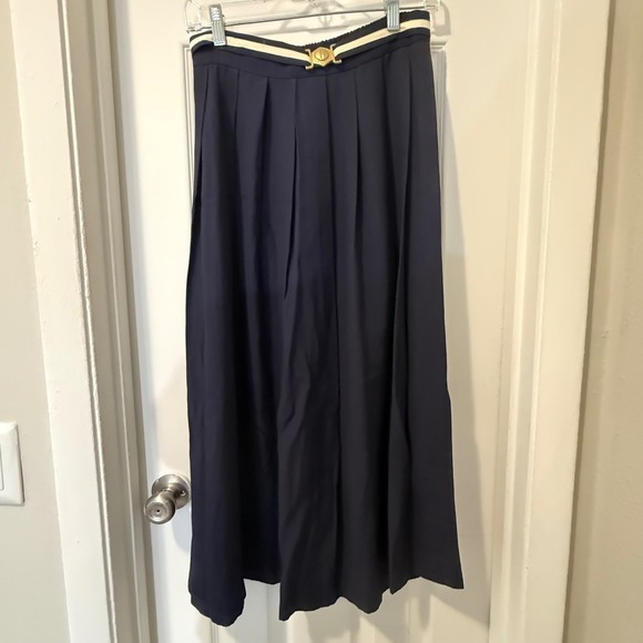 Marena Dresses & Skirts - Maren Navy Pleated Midi Skirt Gold Buckle Belted Waist Elastic Back Size Small